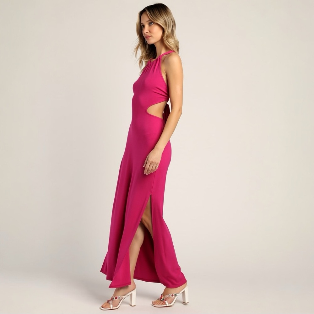 Lulus Adoring Aura Magenta Halter Neck Cutout Lace-Up Maxi Dress MEDIUM